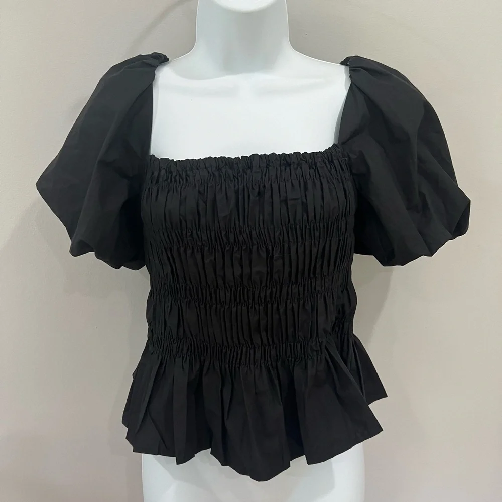 NWT ASTR The Label Savina Puff Bubble Sleeve Square Neck Smocked Peplum Top S
